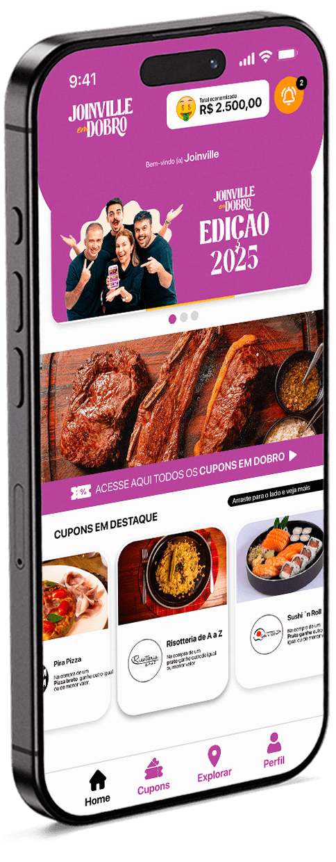 App Joinville em Dobro: tela inicial, mapa interativo e lista de cupons
